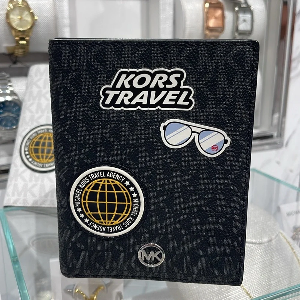 Michael Kors Jet Set Travel Md Embellished Signature Logo Passport Case Black